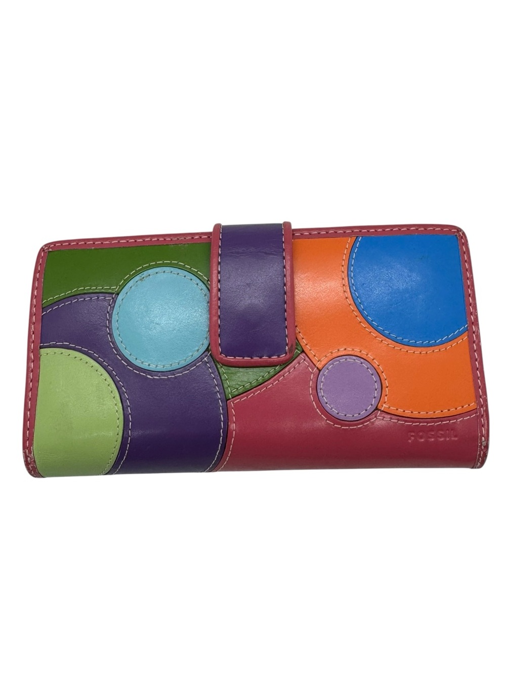 Fossil Vintage Pink Leather Multicolor Wallet Patchwork Circles